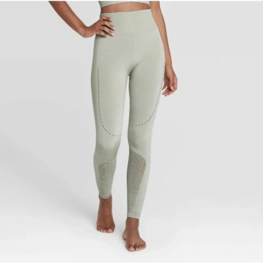 High-Waisted Leggings JoyLab 7/8 seamless mesh details light green sage color